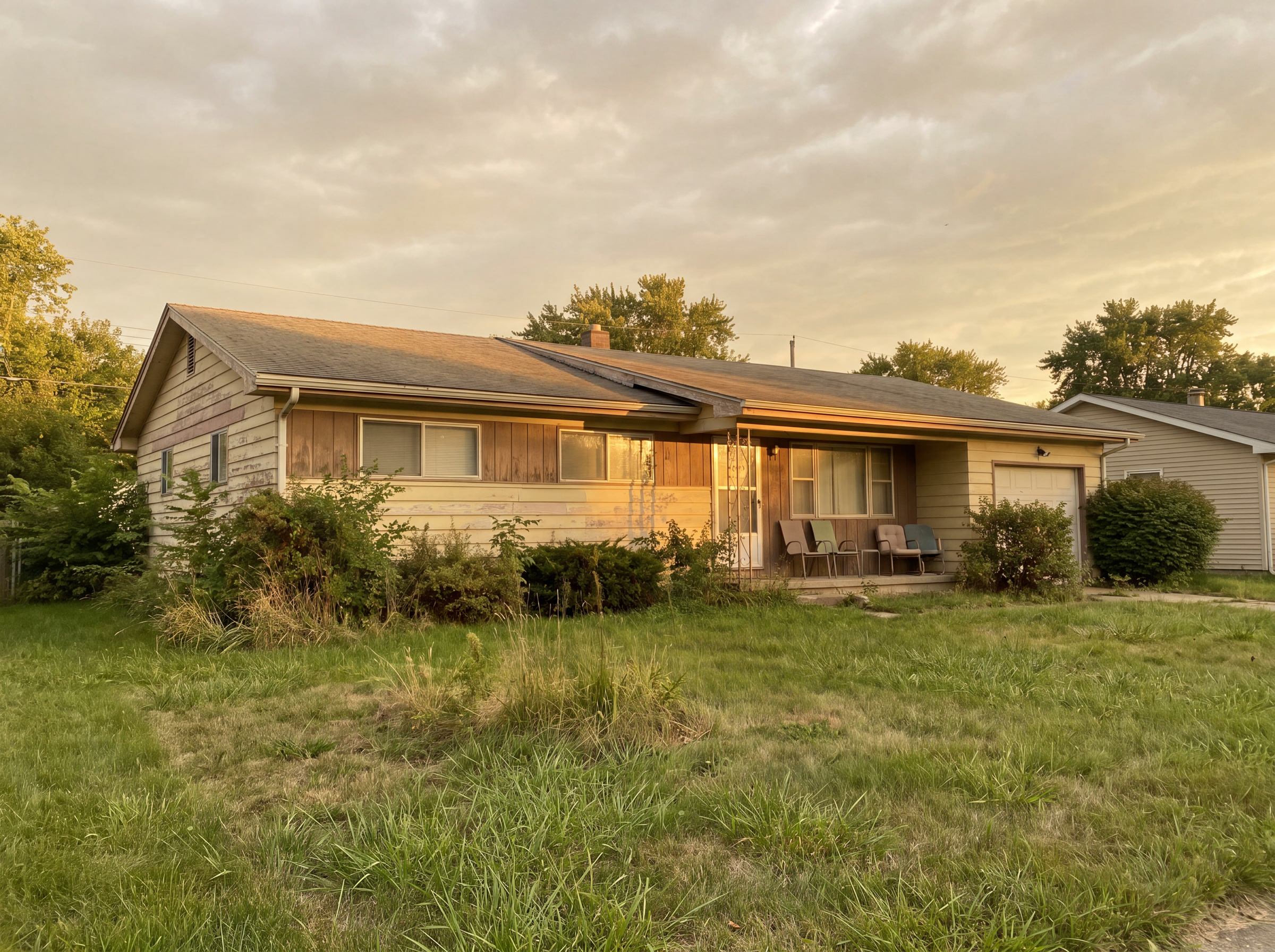 A modest ranch house in as-is condition at evening